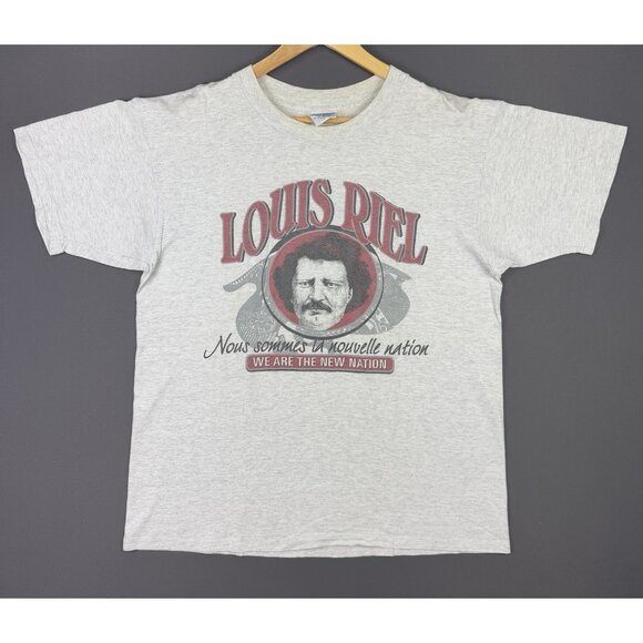 Vintage 90's Louis Riel Logo Grey Shirt Canada Politician Manitoba Rare Tee Art - Picture 1 of 12